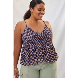 ANTHROPOLOGIE Mesh V Neck Tank in Blue Motif Size XL